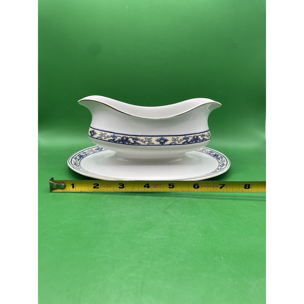 Vtg Alfred Meakin England Gravy Boat W/Underplate Blue Ivory Floral - Picture 6 of 14